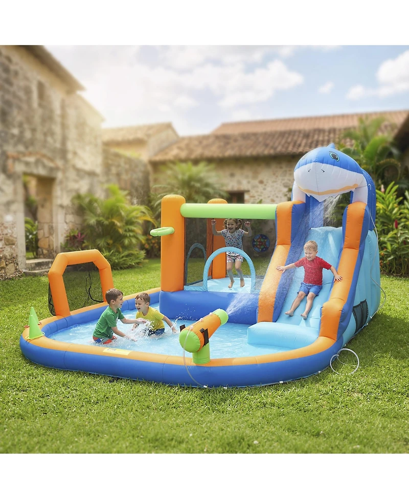 Qaba Sharks Theme Inflatable Bounce House for Kids with Slide,