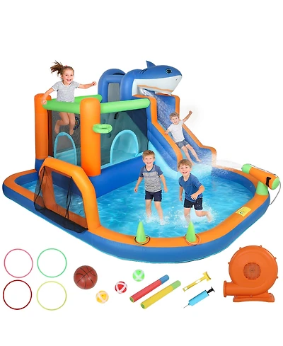 Qaba Sharks Theme Inflatable Bounce House for Kids with Slide,