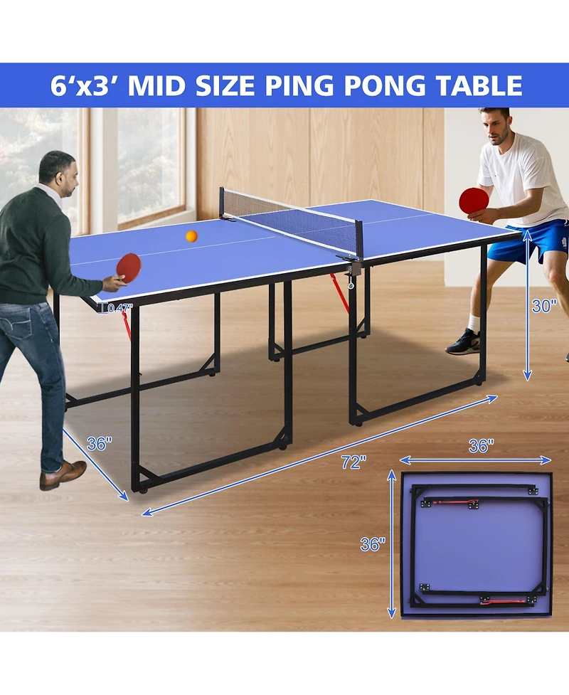Rainsken 6FT Ping Pong Table, Foldable Mid-Size Table Tennis Table Set with Net, 2 Table Tennis Paddles and 3 Balls for Indoor and Outdoor Games