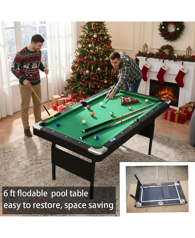 Rainsken 63.8" Foldable Billiards Table, All-in-One Indoor Pool Table Set with Balls, Cues, Chalk, Brush and Triangle Rack for Game Rooms