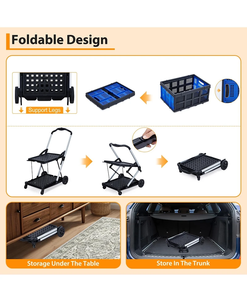 Homfan Collapsible Rolling Grocery Cart w/ Removable Basket and 360degree(s) Swivel Wheels, Lightweight Folding Utility for Shopping Office