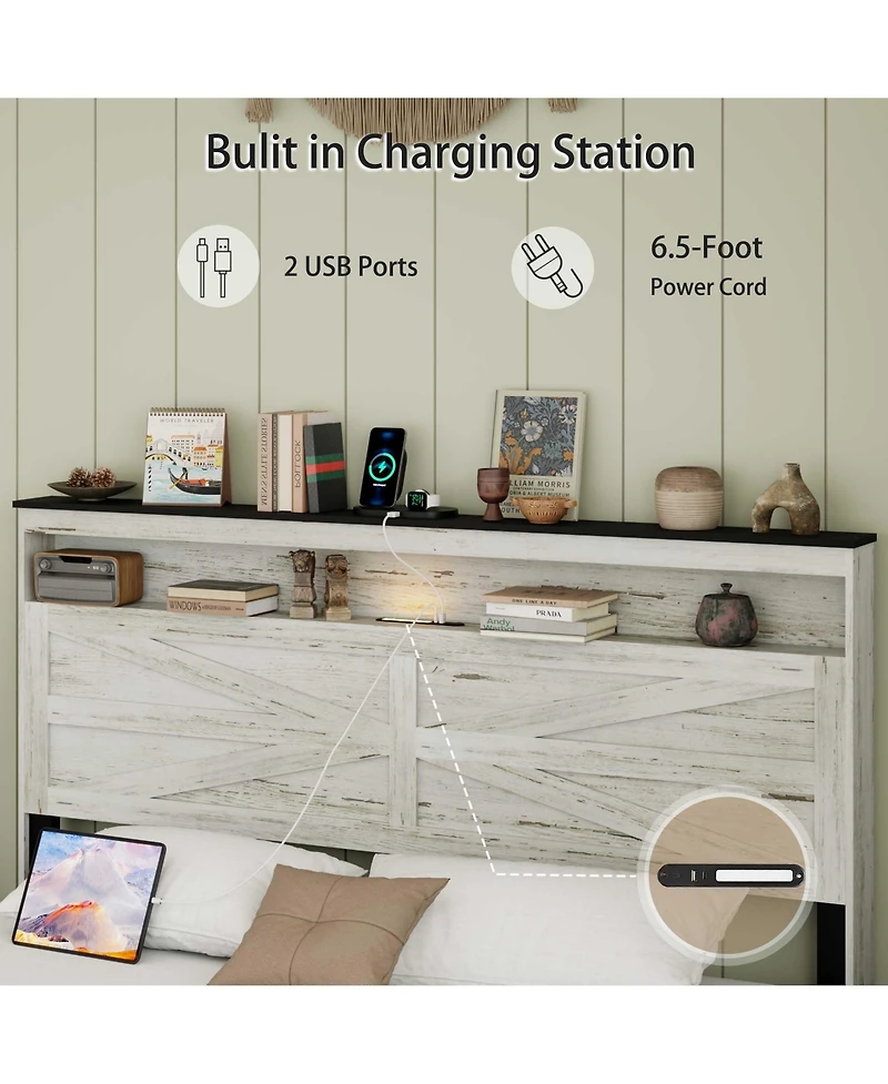 Lucky One bed frame headboard with Led lights and charging station cushion platform bed