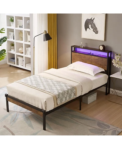 Lucky One Metal Platform Bed Frame with Wooden Headboard and Footboard with Usb Liner