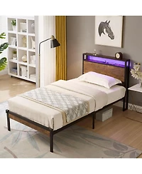 Lucky One Metal Platform Bed Frame with Wooden Headboard and Footboard with Usb Liner