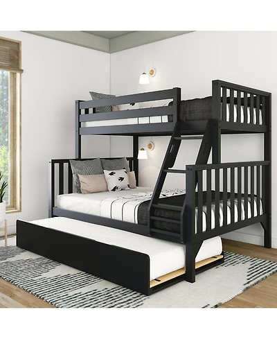 Max and Lily Bunk Bed Twin over Full with Trundle, Solid Wood Scandinavian Style Beds for Kids