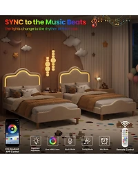 Homfan Kids Led Upholstered Bed Frame with Adjustable Headboard & Footboard, Sturdy Wooden Slats