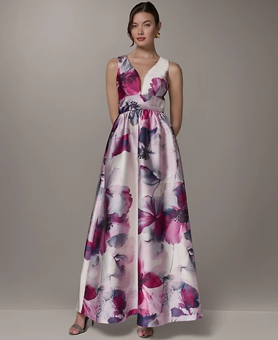 Donna Karan New York Women's V-Neck Ball Gown Sleeveless Printed Maxi Dress