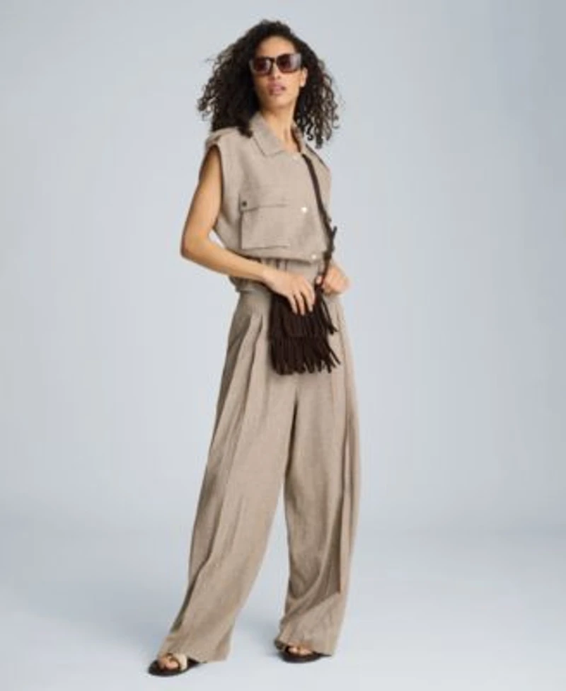 Kenneth Cole Womens Houndstooth Relaxed Fit Linen Blend Vest High Rise Triple Pleated Pants