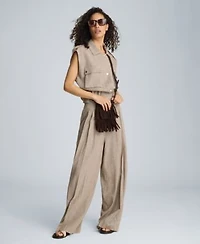 Kenneth Cole Womens Houndstooth Relaxed Fit Linen Blend Vest High Rise Triple Pleated Pants