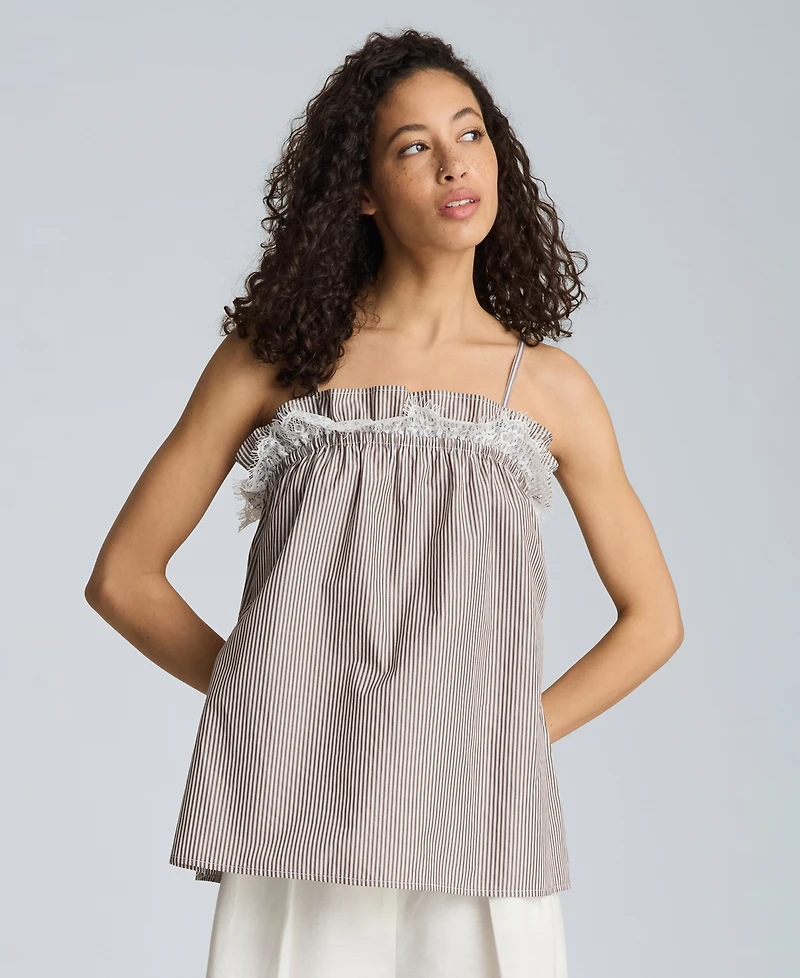 Kenneth Cole Women's Cotton Shirred Neck Lace Trim Camisole
