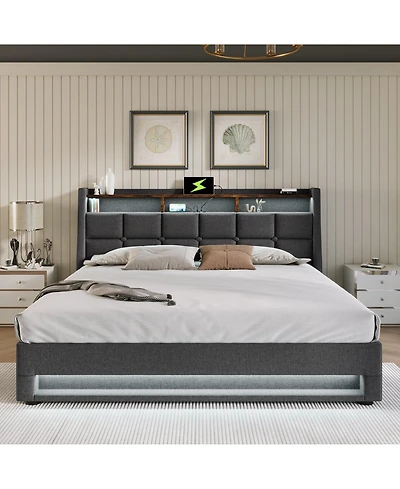 Lucky One Full size Upholstered Platform bed with a Hydraulic Storage System, Led and Usb Charging