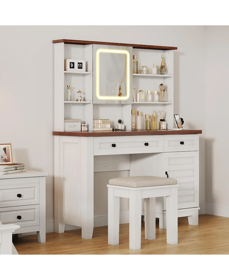Homfan Farmhouse Makeup Vanity Desk with Lighted Mirror, Glass Top, Power Outlet, Upholstered Stool, Storage Drawers and Shelves