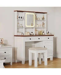Homfan Farmhouse Makeup Vanity Desk with Lighted Mirror, Glass Top, Power Outlet, Upholstered Stool, Storage Drawers and Shelves