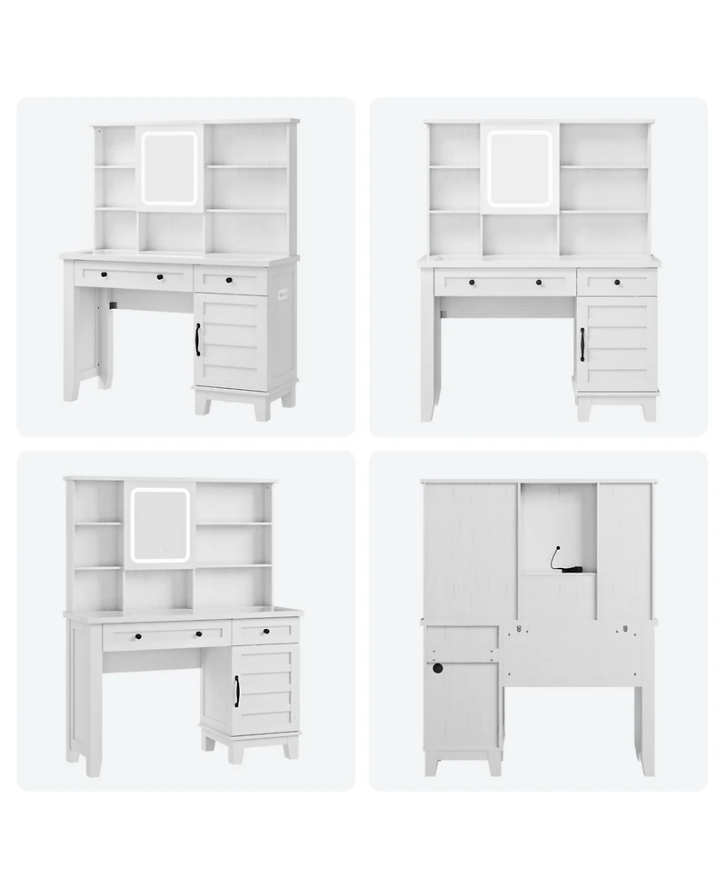 Homfan Farmhouse Makeup Vanity Desk with Lighted Mirror, Glass Top, Power Outlet, Upholstered Stool, Storage Drawers and Shelves