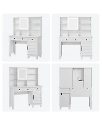 Homfan Farmhouse Makeup Vanity Desk with Lighted Mirror, Glass Top, Power Outlet, Upholstered Stool, Storage Drawers and Shelves