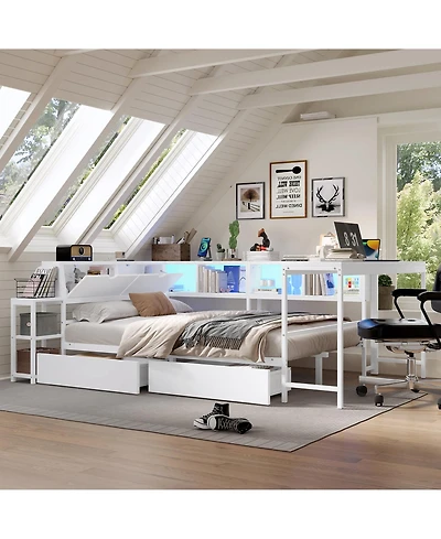 Lucky One Corner Bed Frame Full Size with Bookcase and 2 Underbed Storage Drawers