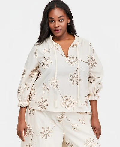 Vince Camuto Plus Size Split V-Neck Tie Cotton Blouse