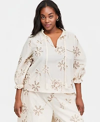 Vince Camuto Plus Split V-Neck Tie Cotton Blouse
