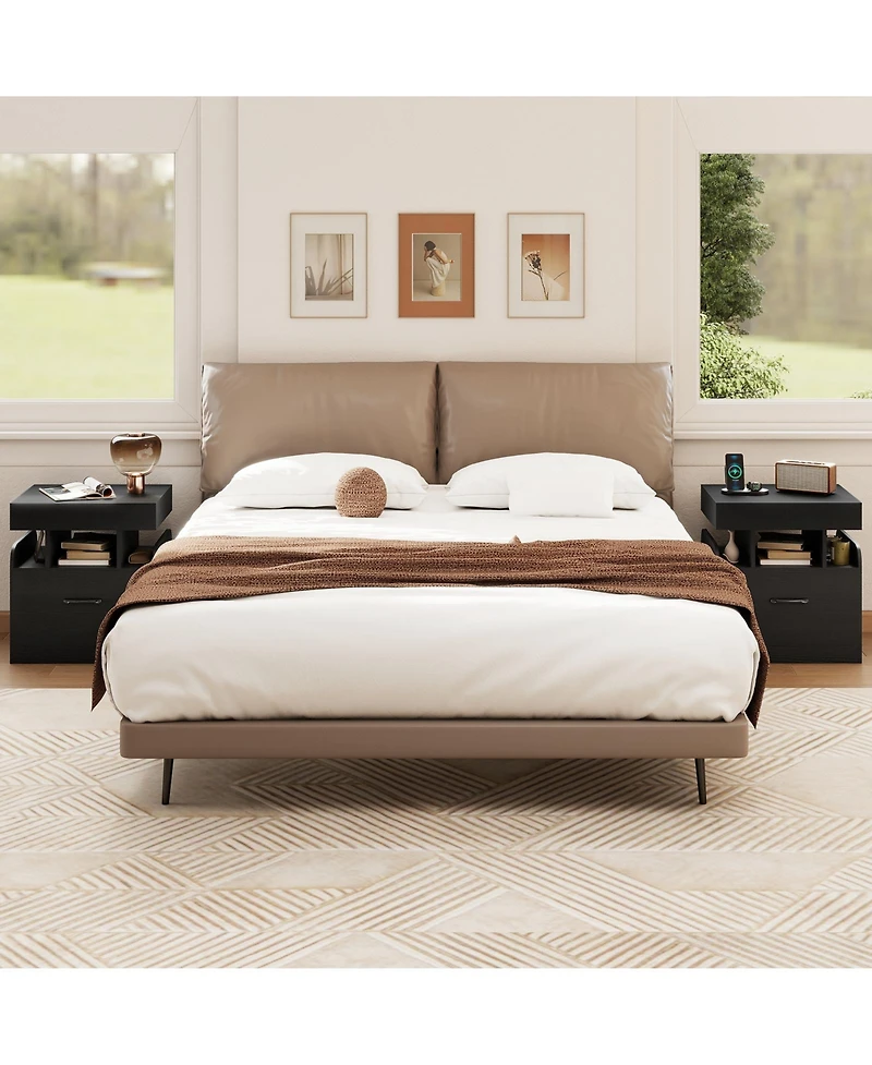 Gymax 2-Piece Nightstand with Charging Station Drawer Sliding Top Storage Tray Open Shelves