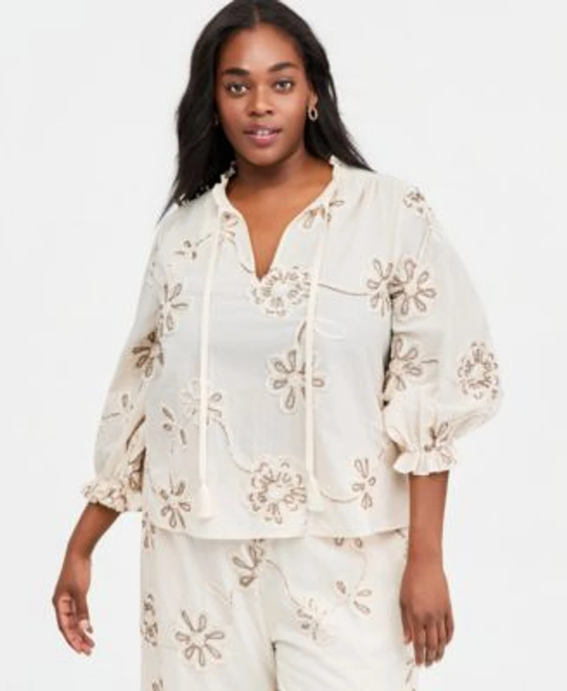 Vince Camuto Plus Size Split Neck Tie Blouse Elastic Waist Pants With Angled Hem