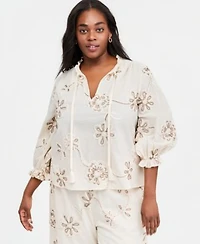Vince Camuto Plus Size Split Neck Tie Blouse Elastic Waist Pants With Angled Hem