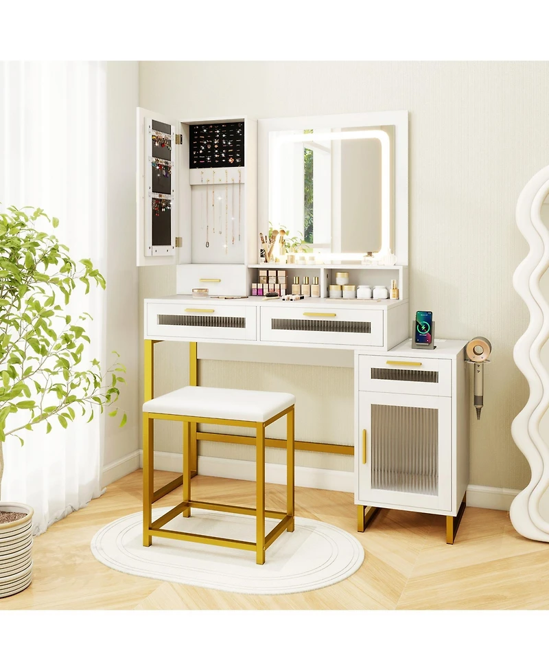 Gouun 44 in Makeup Vanity Desk and Stool Set with Lighted Mirror and Charging Station
