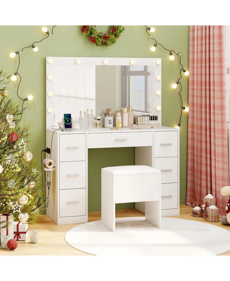 Gouun 43.5 in Vanity Desk with Led Lighted Mirror, 7 Drawers and Storage Stool