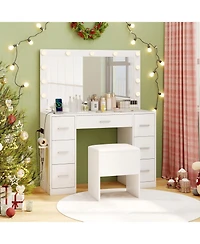 Gouun 43.5 in Vanity Desk with Led Lighted Mirror, 7 Drawers and Storage Stool