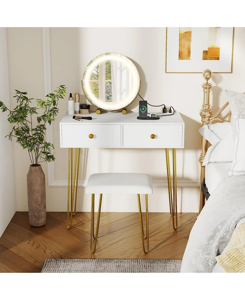 Gouun Vanity Desk with 360-Degree Adjustable Led Mirror, Drawers and Stool
