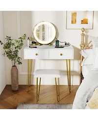 Gouun Vanity Desk with 360-Degree Adjustable Led Mirror, Drawers and Stool