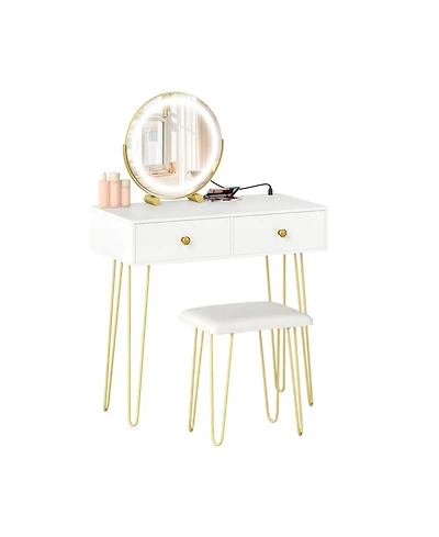 Gouun Vanity Desk with 360-Degree Adjustable Led Mirror, Drawers and Stool