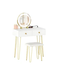 Gouun Vanity Desk with 360-Degree Adjustable Led Mirror, Drawers and Stool