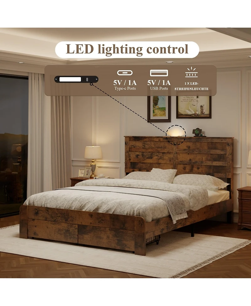 Lucky One Queen -size bed frame with 2 storage drawers and 2 Usb ports