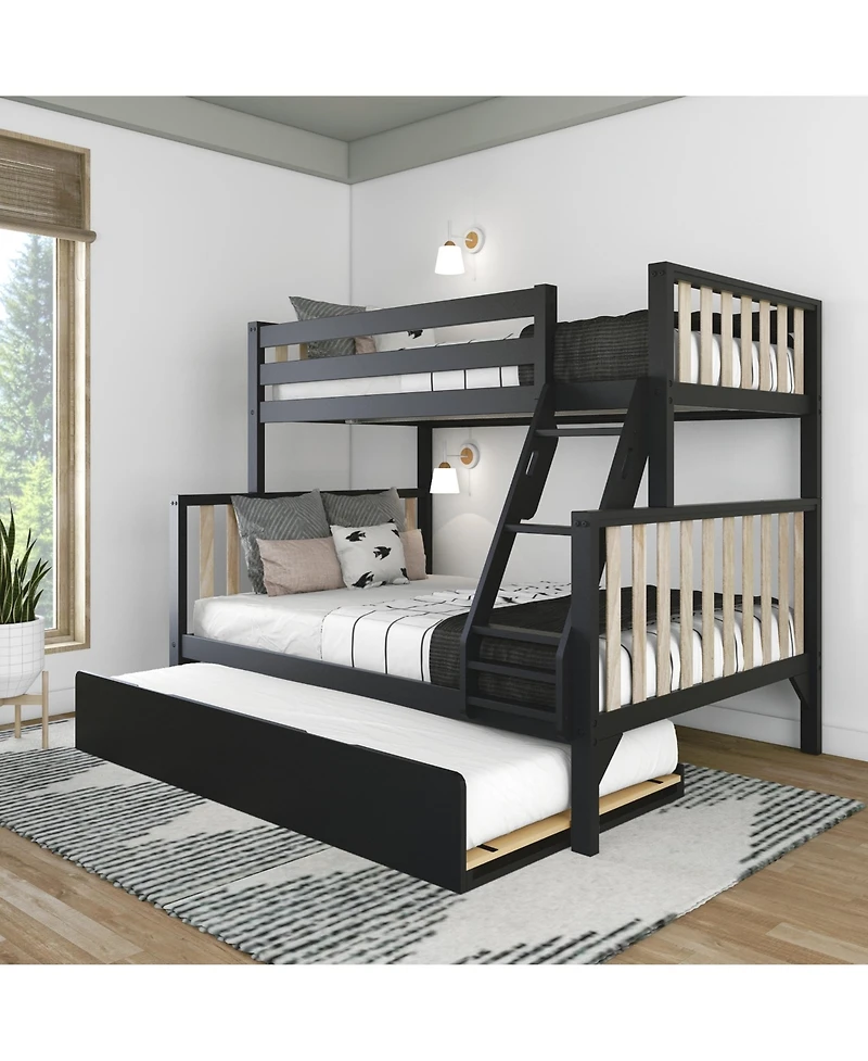 Max and Lily Bunk Bed Twin over Full with Trundle, Solid Wood Scandinavian Style Beds for Kids