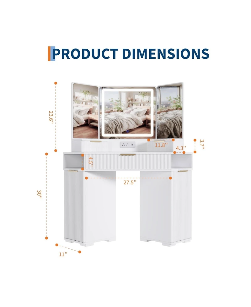 Homfan Corner Vanity, Vanity Desk with Mirror and Lights, Fluted Makeup Table Charging Station, Drawers, Storage Cabinets