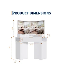 Homfan Corner Vanity, Vanity Desk with Mirror and Lights, Fluted Makeup Table Charging Station, Drawers, Storage Cabinets