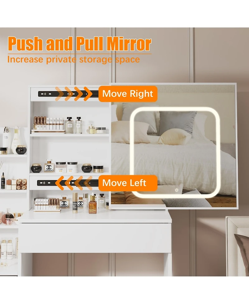Homfan Modern Vanity Desk with Sliding Led Mirror, 4 Drawers, Power Outlet, Storage Shelves, Adjustable Lighting, Cushioned Stool