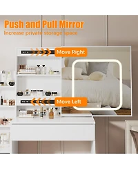 Homfan Modern Vanity Desk with Sliding Led Mirror, 4 Drawers, Power Outlet, Storage Shelves, Adjustable Lighting, Cushioned Stool