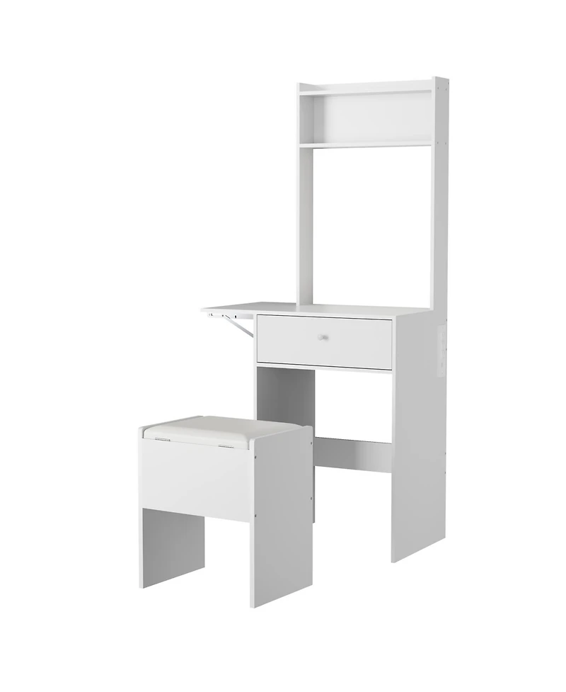 Homfan Makeup Vanity Desk with Smart Led Mirror and Power Station, Small Vanity Desk with with Fold-up Panel, Storage Chair and Open Shelves