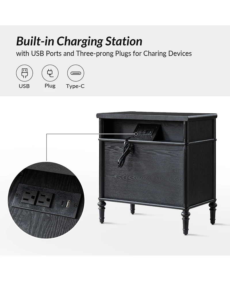 Hulala Home Kaybri Transitional 28"W 3-Drawer Fluted Solid End Table with Built-in Power Outlets