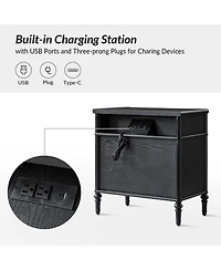 Hulala Home Kaybri Transitional 28"W 3-Drawer Fluted Solid End Table with Built-in Power Outlets