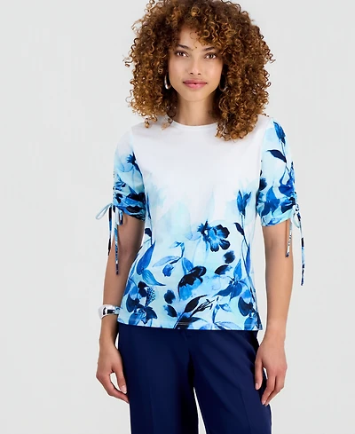 I.n.c. International Concepts Petite Cotton Placed-Print Tie-Sleeve Top, Macy's Exclusive