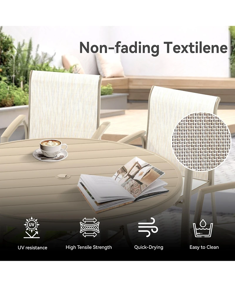 Mondawe 7-Piece Sandstone Outdoor Dining Set with 6 Ergonomic Textilene Chairs & Round Table Umbrella Hole