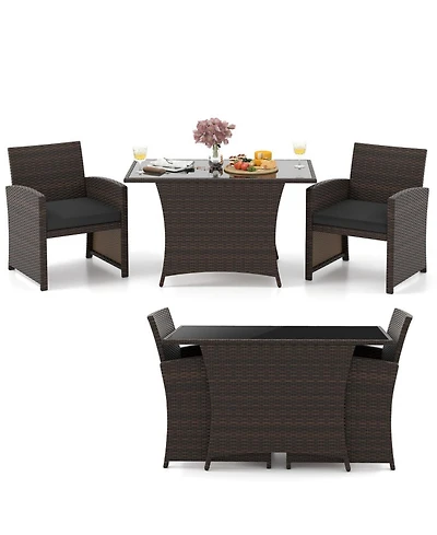 Gouun 3-Piece Patio Wicker Dining Set with Tempered Glass Table and 2 Cushioned Chairs