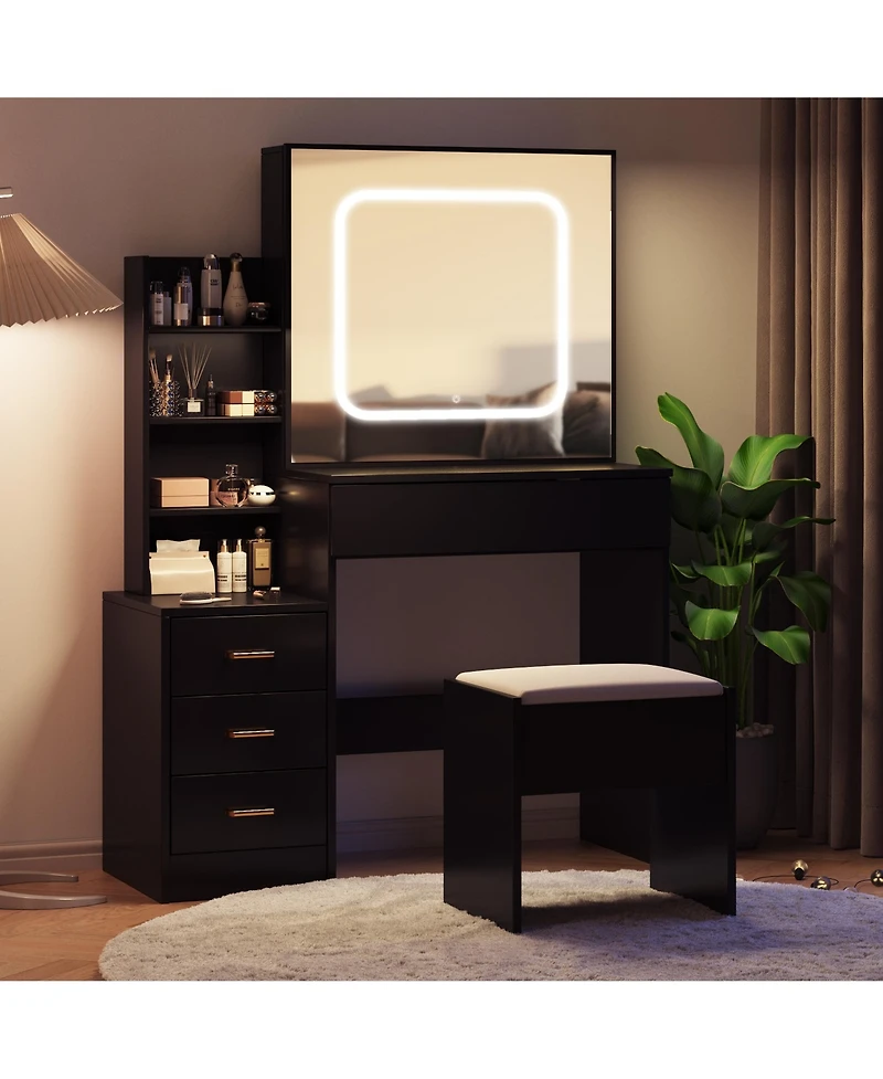Homfan Modern Vanity Desk with Sliding Led Mirror, 4 Drawers, Power Outlet, Storage Shelves, Adjustable Lighting, Cushioned Stool
