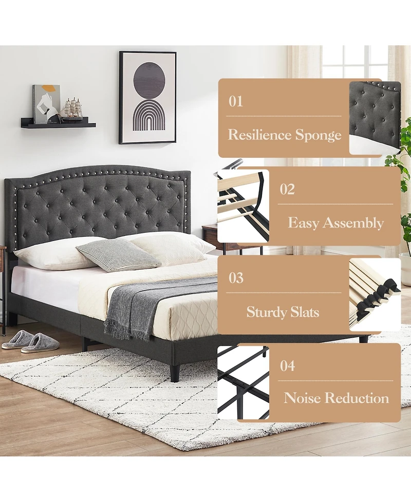 Homfan Queen Size Bed Frame with Adjustable Headboard, Upholstered Platform Bed with Wooden Slat