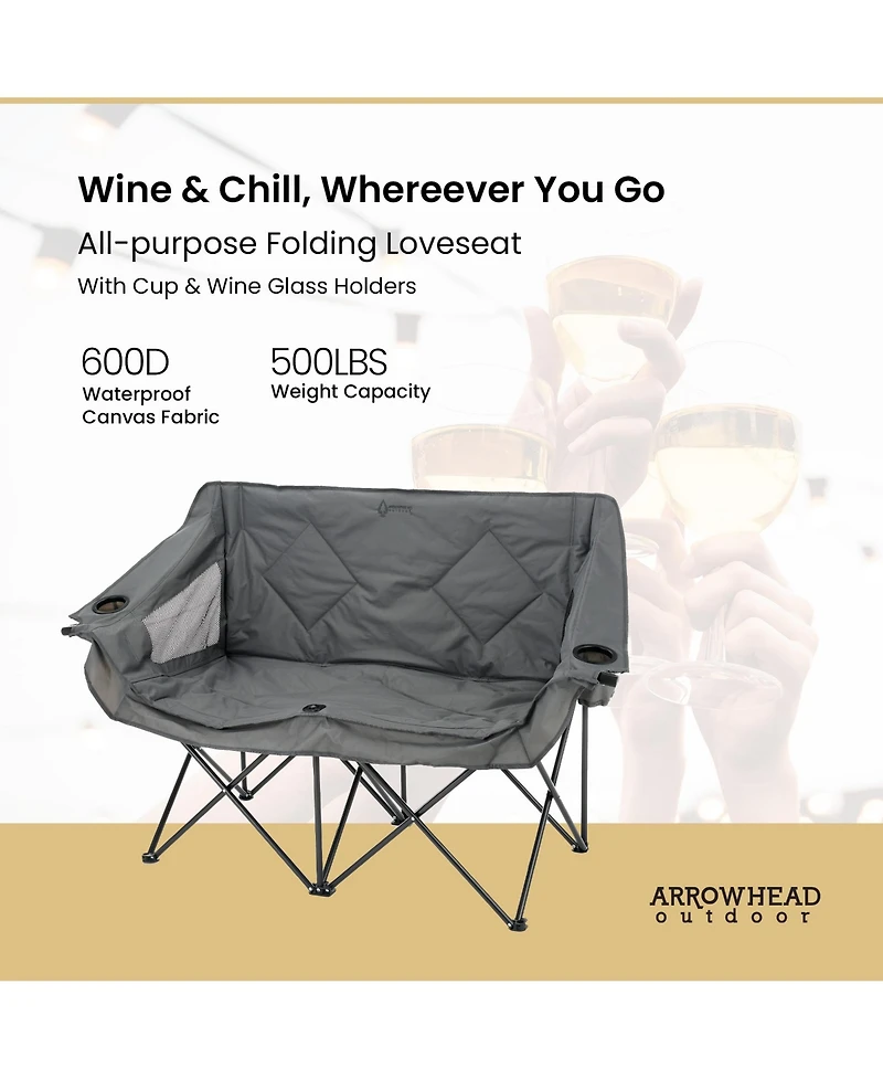 Arrowhead Outdoor Portable Folding Double Duo Camping Chair Loveseat Couch w/ 2 Cup and Wine Glass Holders, Supports 650 lbs
