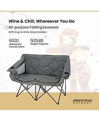 Arrowhead Outdoor Portable Folding Double Duo Camping Chair Loveseat Couch w/ 2 Cup and Wine Glass Holders, Supports 650 lbs