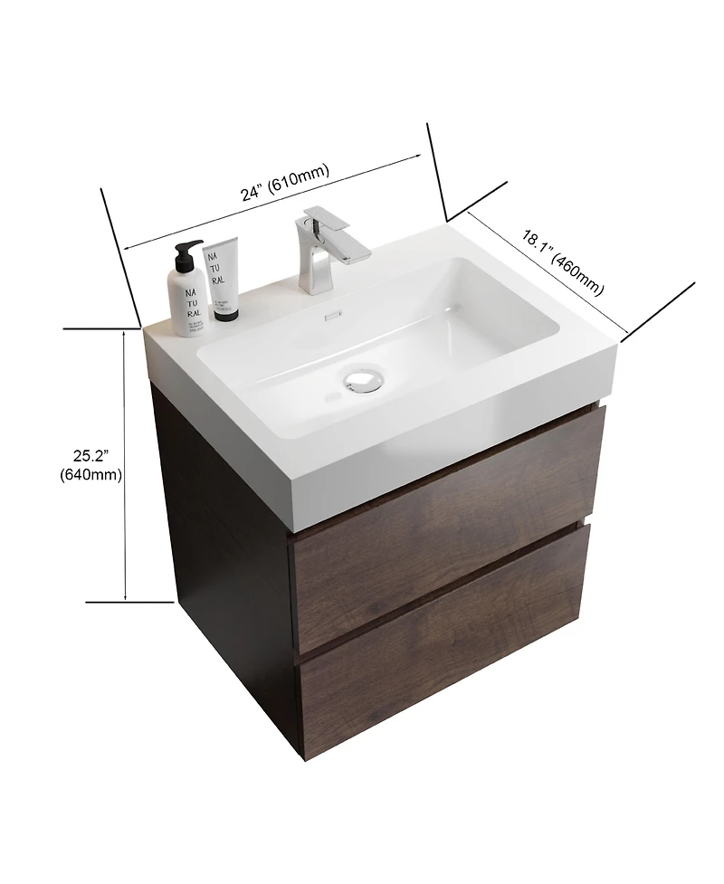 Busdays 24 Inch Walnut Bathroom Vanity with Sink Large Storage Wall Mounted Floating Vanity Modern One Piece Basin Pre Assembled