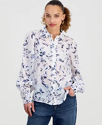 I.n.c. International Concepts Petite Printed Collared Button-Front Blouse, Macy's Exclusive